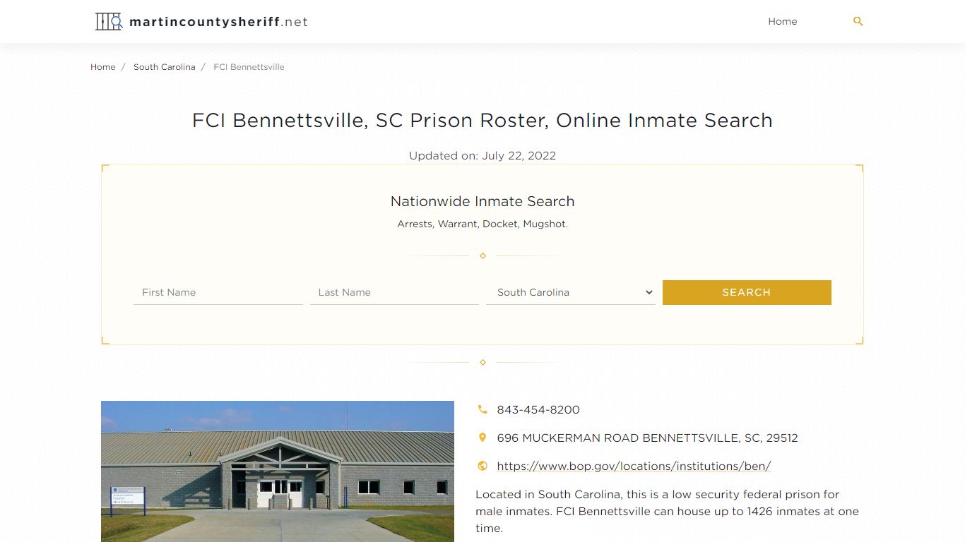 FCI Bennettsville, SC Prison Roster, Online Inmate Search