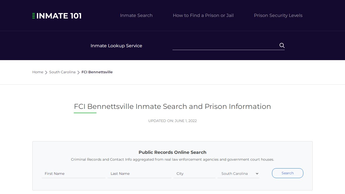 FCI Bennettsville Inmate Search | Lookup | Roster